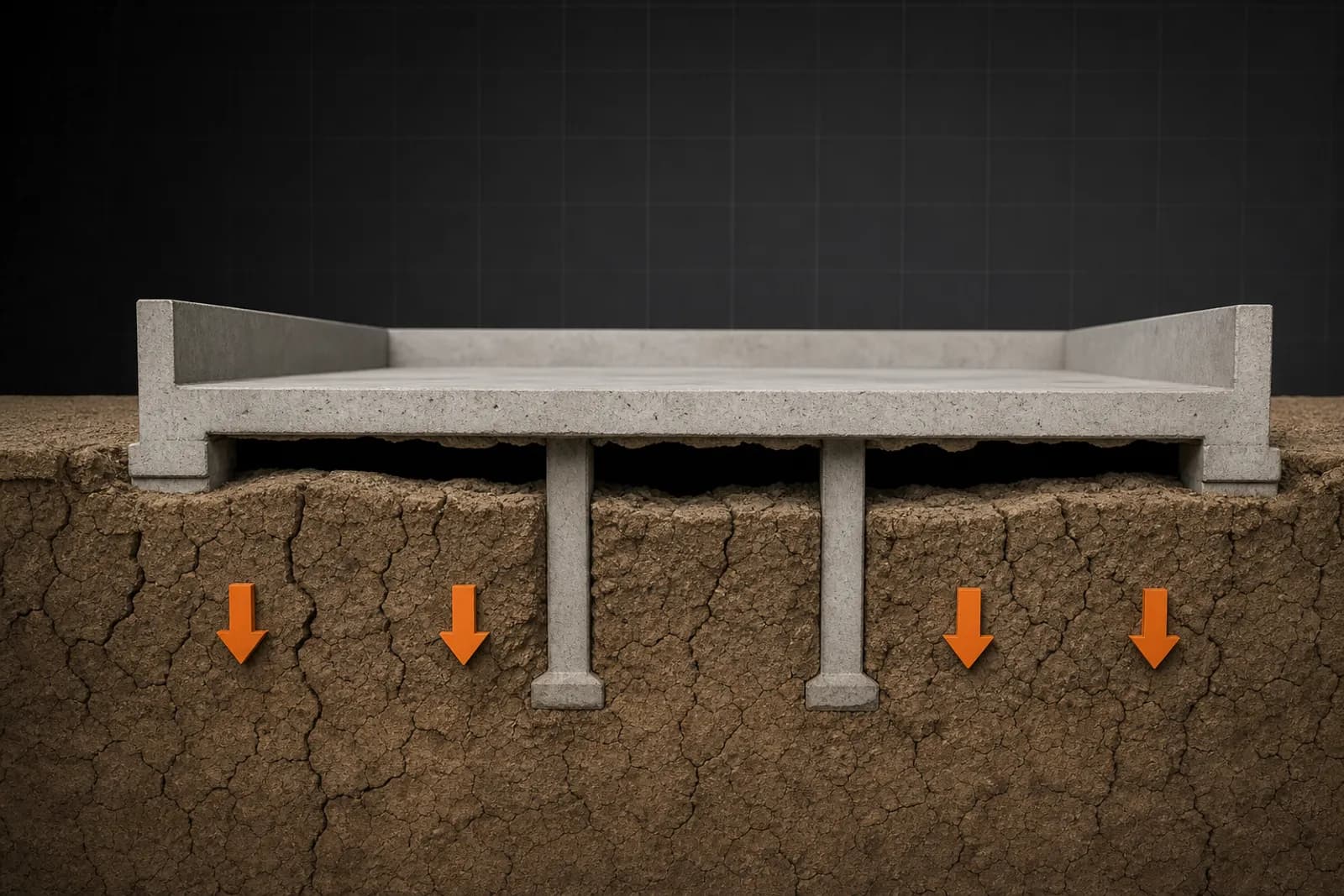 Cross-section of a slab foundation with clay soil shrinking away and leaving a void under the edge