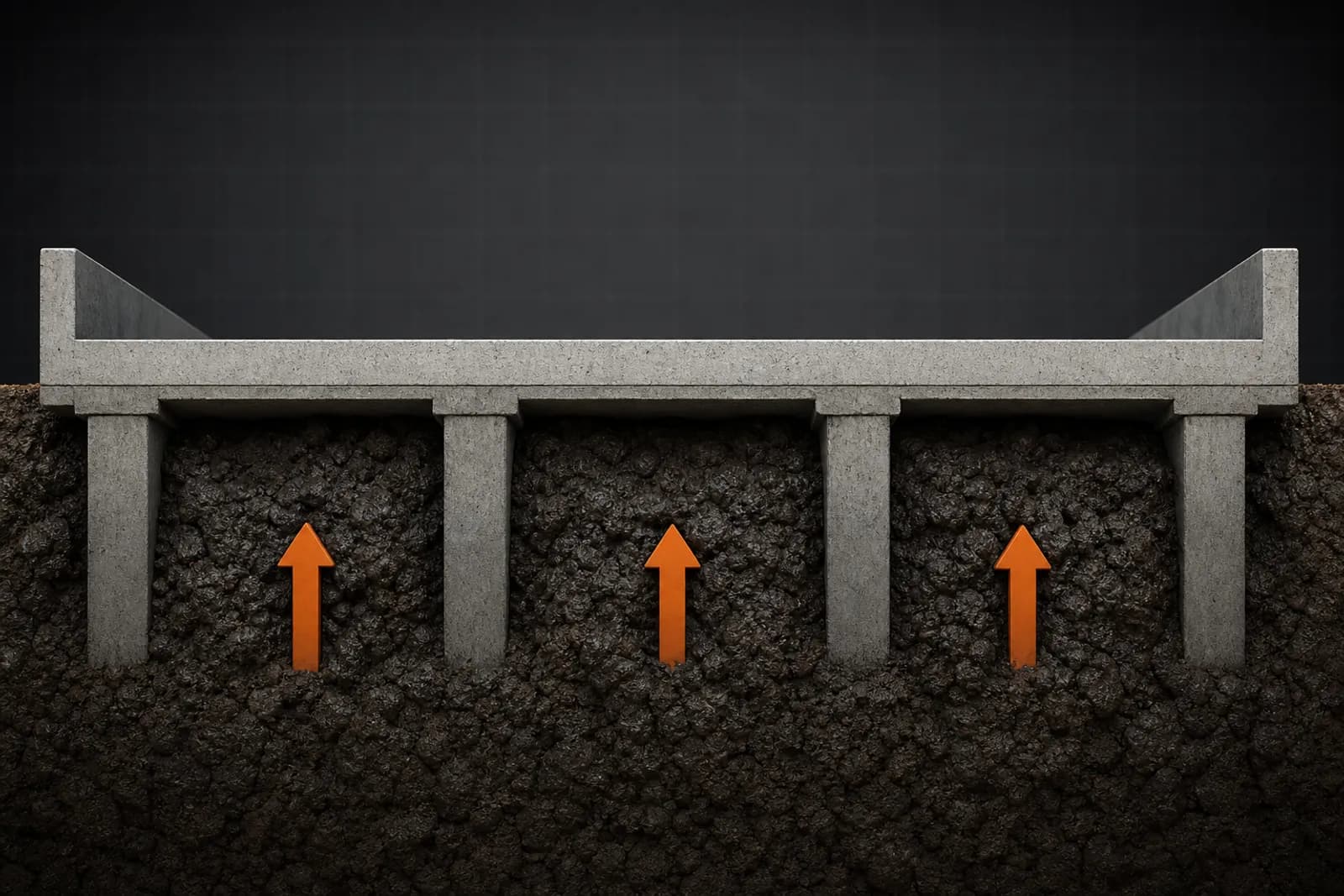 Cross-section of a slab foundation with clay soil expanding upward against the slab