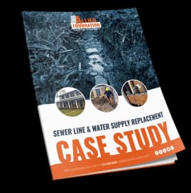 Allied Foundation Repair case study cover featuring sewer line and water supply replacement, with images of plumbing work and a grassy background.