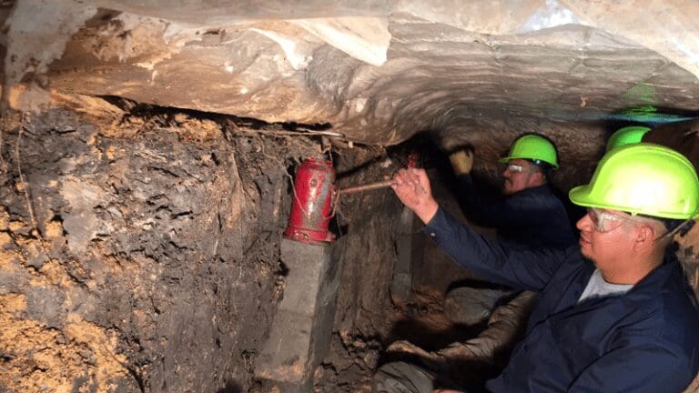 two men in hard hats and safety gear are working on a pipe