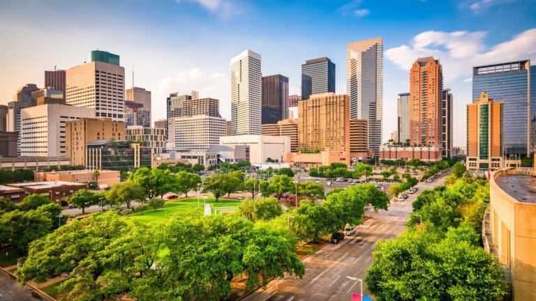 a city skyline with tall buildings and trees