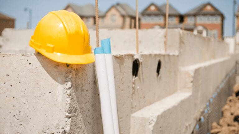 a construction site with a yellow hard hat on the wall