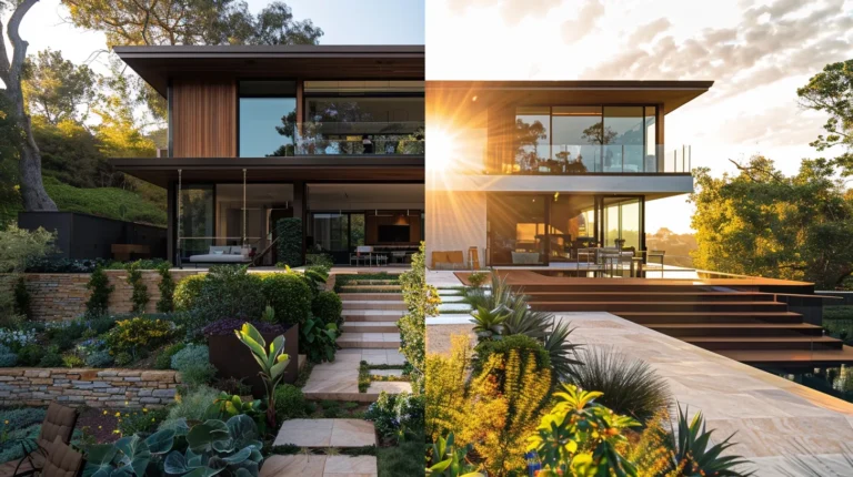 a stunning before-and-after showcase of a beautifully elevated home, bathed in warm sunlight, featuring modern architectural elements and lush landscaping that highlight the transformation success.