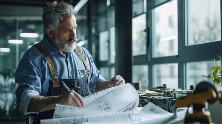 a focused shot of a seasoned foundation contractor inspecting architectural blueprints in a modern office adorned with construction models and tools, embodying professionalism and expertise in the building industry.