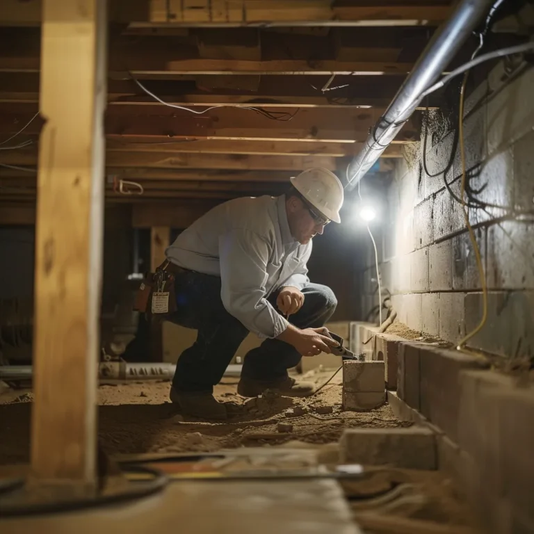 a professional contractor inspects a residential foundation in a well-lit, clutter-free basement, highlighting advanced repair equipment and materials that signify long-term stability and security in home foundation repair solutions.