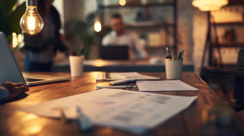 a focused office scene featuring an open foundation repair estimate document on a sleek conference table, illuminated by warm office lighting, with a contractor and client engaged in a serious discussion about the details, emphasizing transparency and trust in the negotiation process.