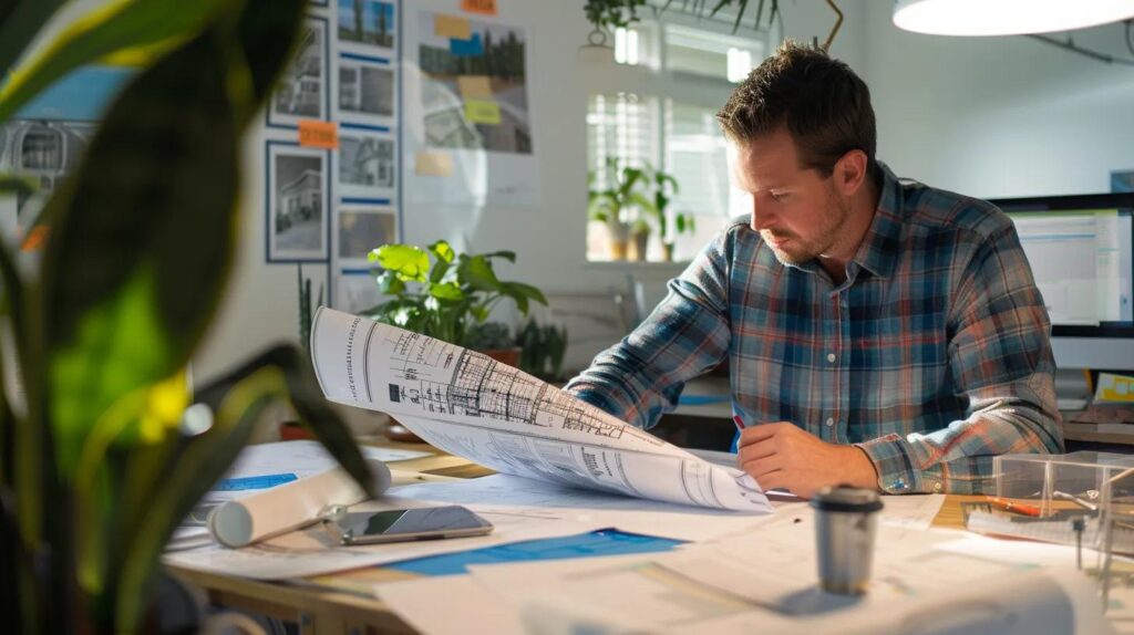 a modern office space showcases a focused contractor reviewing blueprints and documents related to foundation repairs, surrounded by certificates and testimonials pinned to a wall, emphasizing professionalism and local expertise in the houston area.