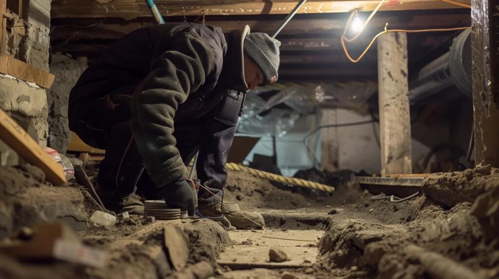a professional contractor examines a cracked foundation in a well-lit urban basement, surrounded by repair tools and materials, showcasing the complexity of factors influencing repair costs.