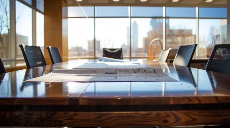 a sleek, modern office conference room features a large table filled with detailed cost comparison charts and blueprints showcasing foundation repair estimates from multiple local contractors under warm, focused lighting.