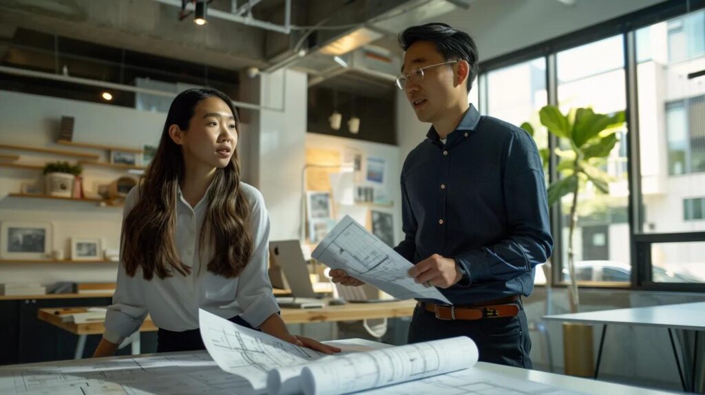 a stark, modern urban office space features a serious-looking professional discussing foundational blueprints with an architect, emphasizing the urgency and cost-effectiveness of timely repairs to safeguard property integrity.