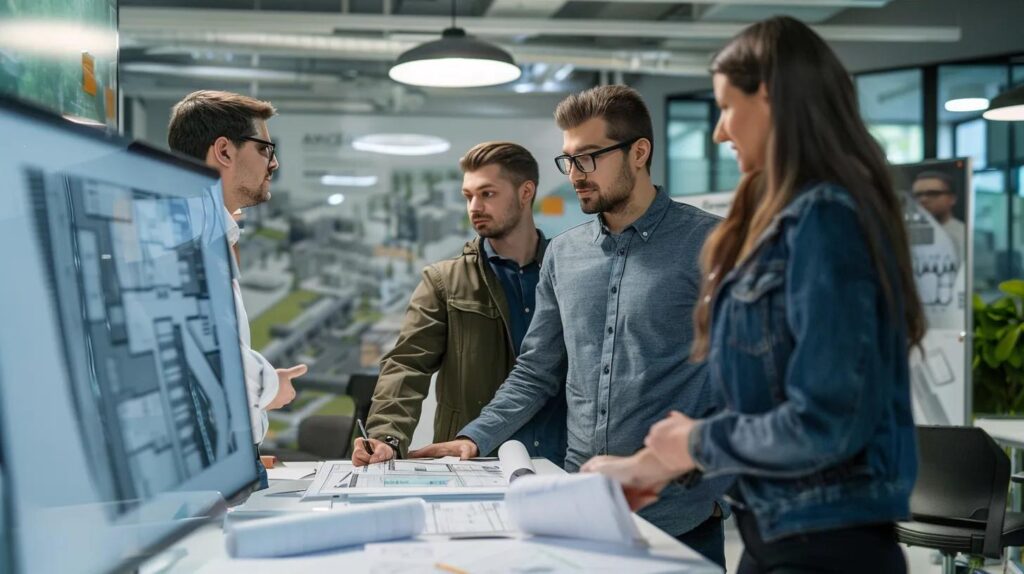 a sleek, modern office space showcases a team of professionals engaged in an in-depth discussion around blueprints and plans, highlighting their comprehensive foundation repair services.