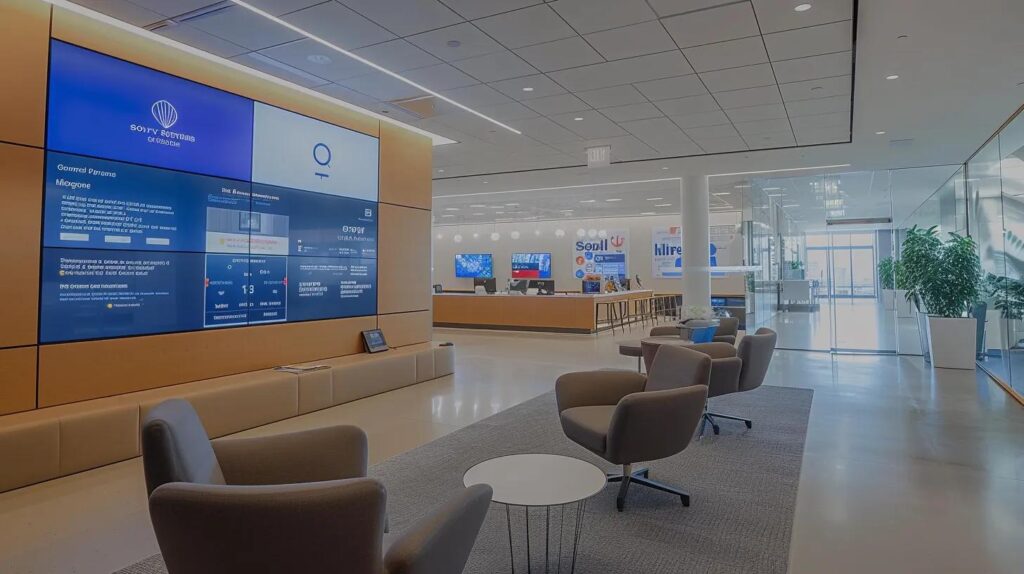 a sleek, modern office space features an attention-grabbing digital dashboard displaying customer reviews and testimonials, with engaging visuals that highlight contractor performance and service quality, illuminated by soft, ambient lighting for a professional atmosphere.