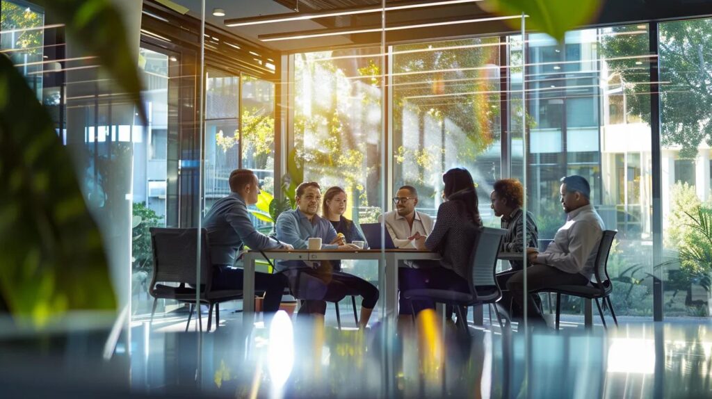 a polished office meeting room showcases a diverse group of professionals engaged in a discussion while reviewing verified credentials and certifications of foundation repair services displayed prominently on a sleek digital screen.