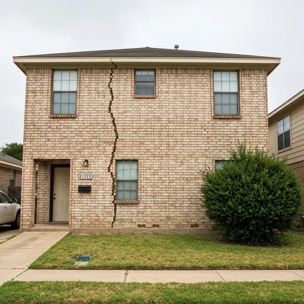 Exterior view of a Houston home with stair-step cracks in brickwork and gaps around windows indicating foundation damage