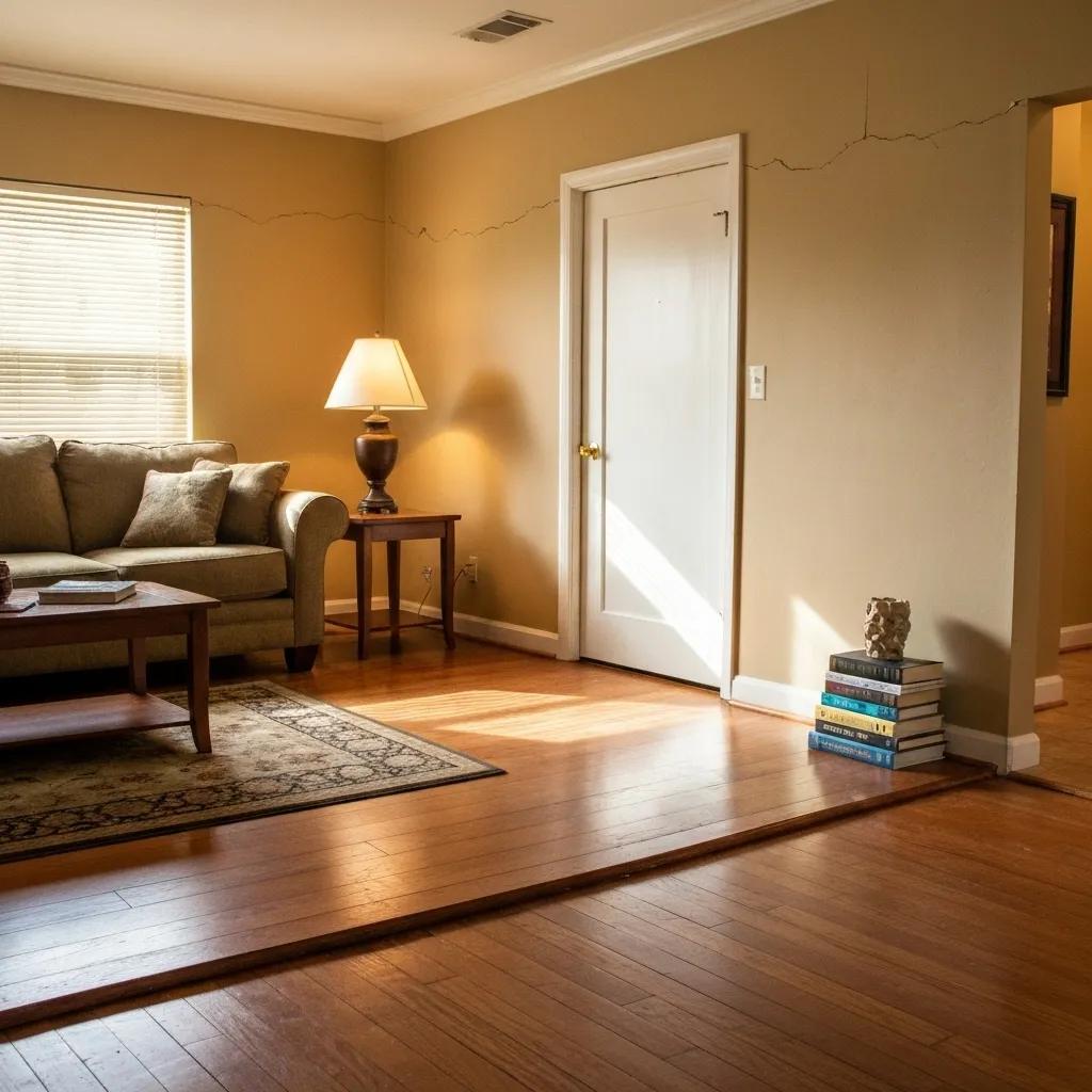Interior view of a Houston home showing drywall cracks and misaligned doors indicating foundation problems