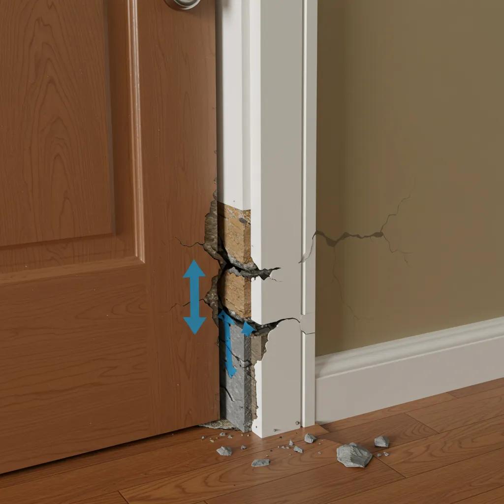 Close-up of a door frame that is visibly out of alignment, indicating foundation issues
