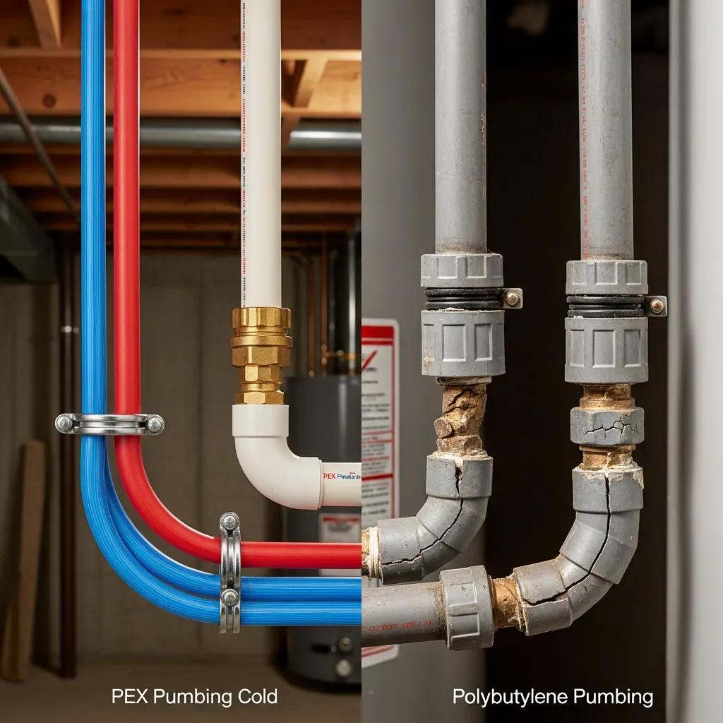 Side-by-side comparison of PEX and polybutylene pipes, showing PEX advantages in durability and performance