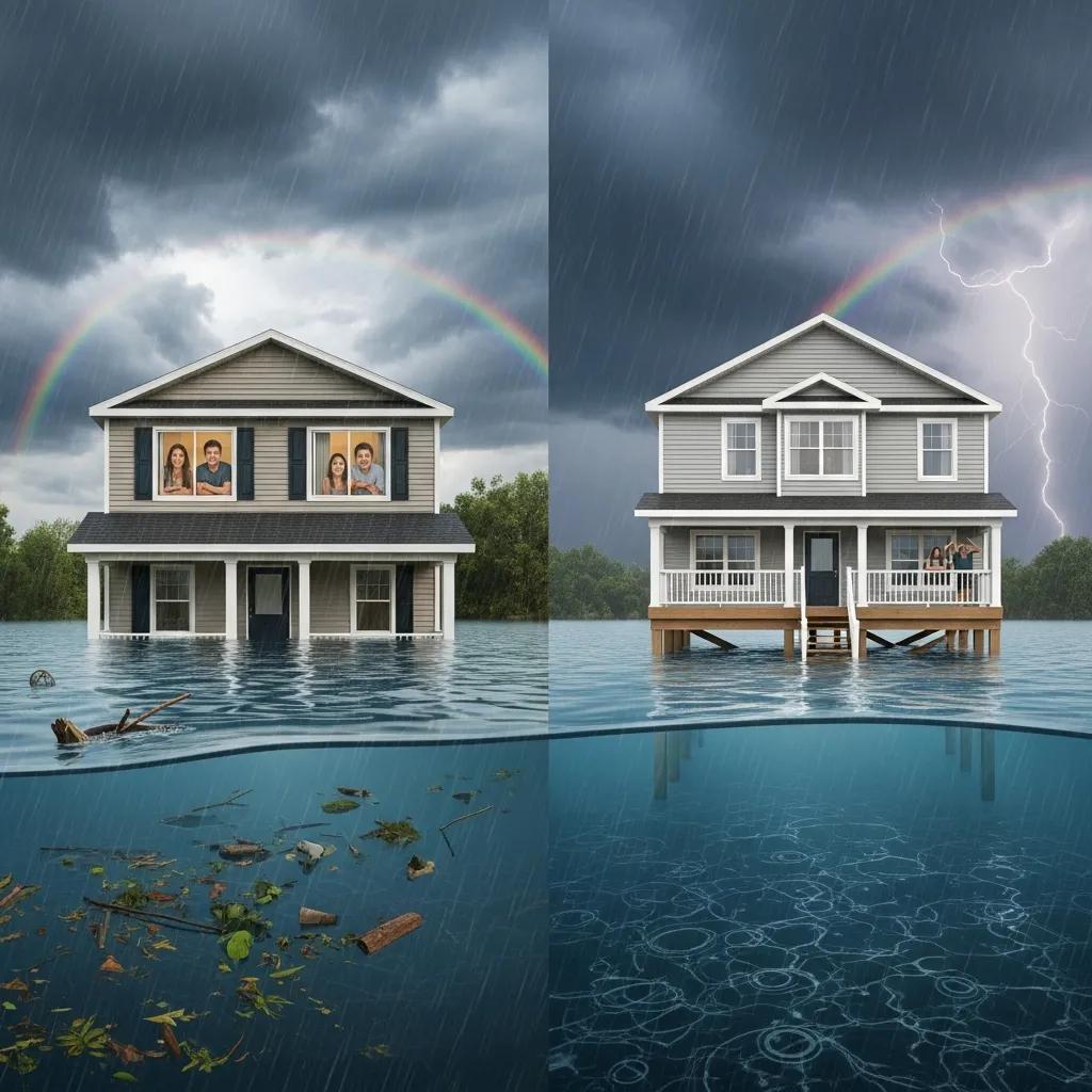 Side-by-side comparison of a standard home and an elevated home during heavy rain, showing reduced flood exposure