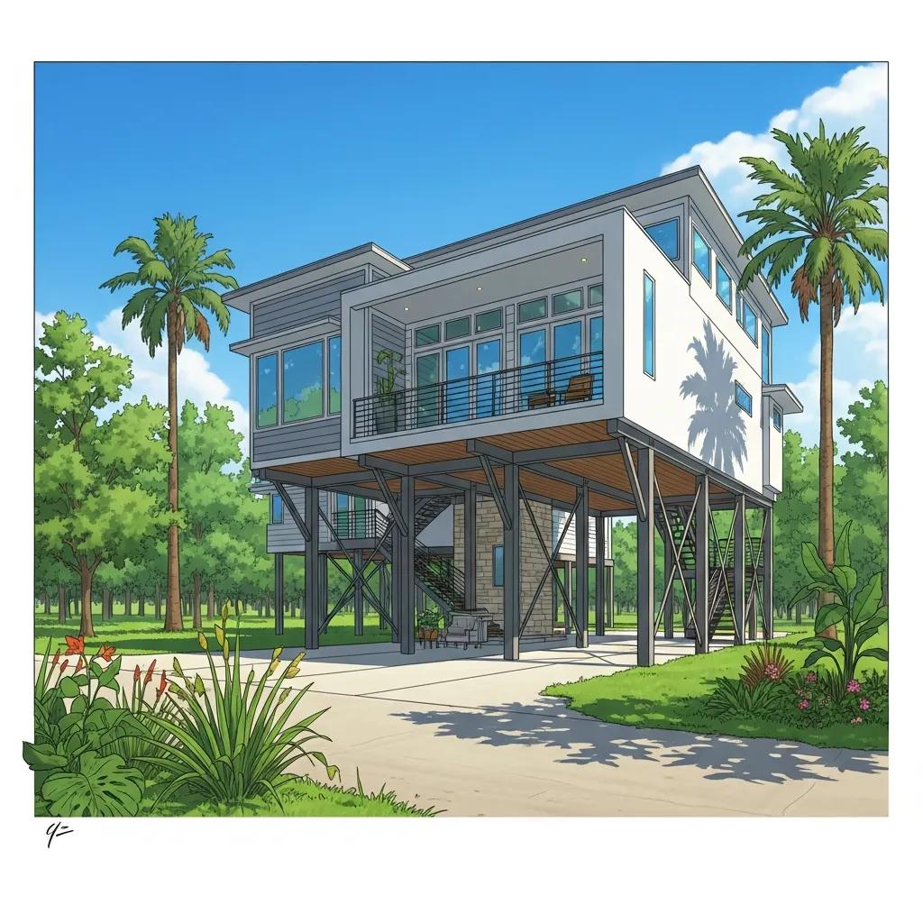 Elevated home in Houston showcasing flood protection measures