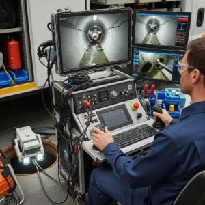 Allied Foundation technician inspecting sewer line with a camera in Houston