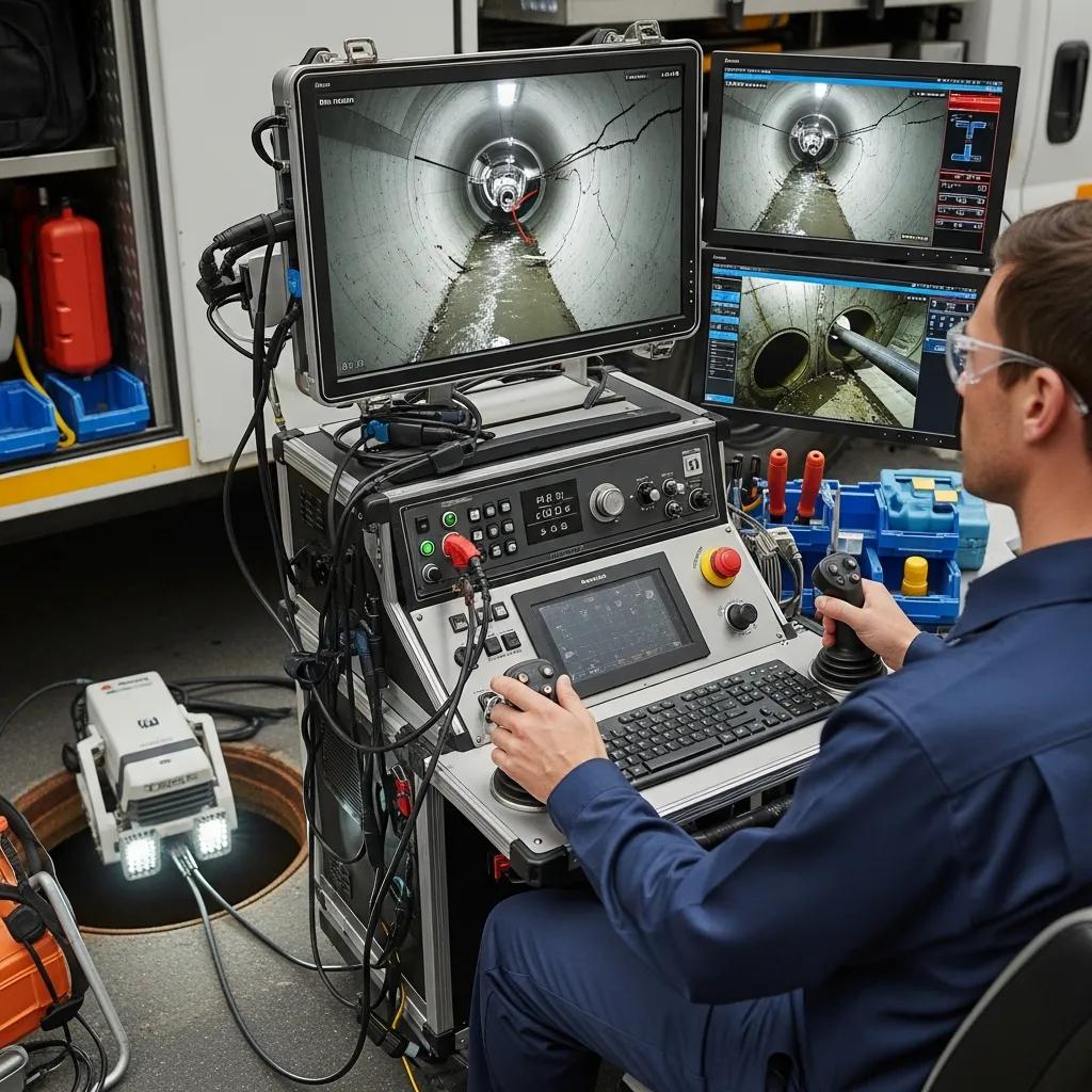 Allied Foundation technician inspecting sewer line with a camera in Houston
