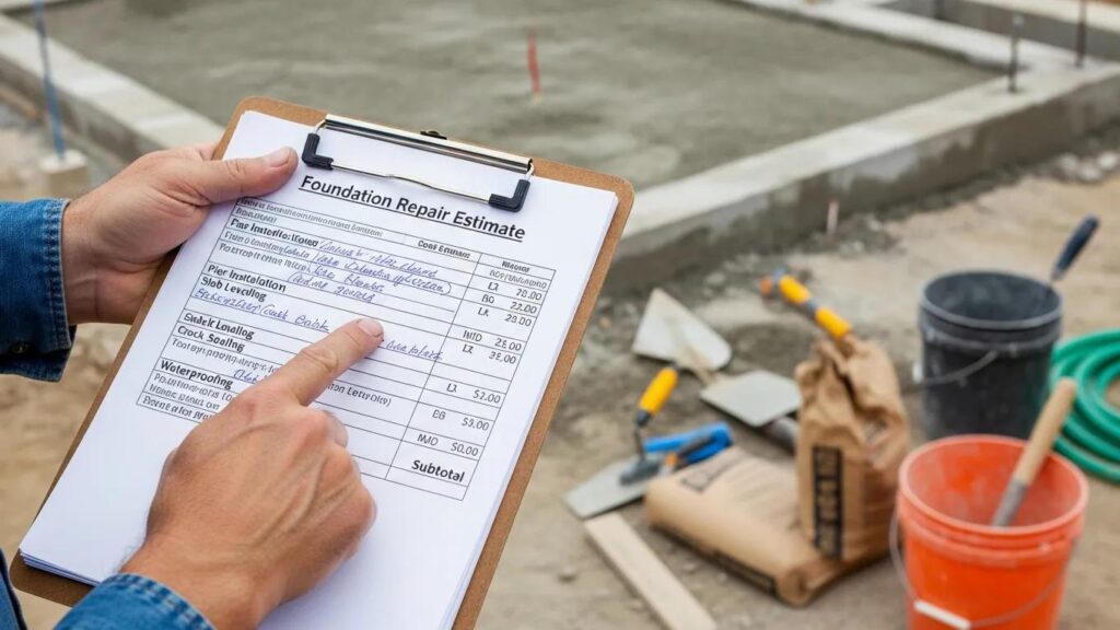 Contractor reviewing foundation repair estimates with tools nearby