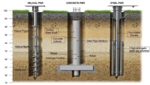 Different types of foundation piers including helical, concrete, and steel