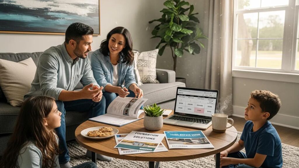 Family discussing foundation repair financing options in a cozy living room