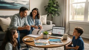 Family discussing foundation repair financing options in a cozy living room