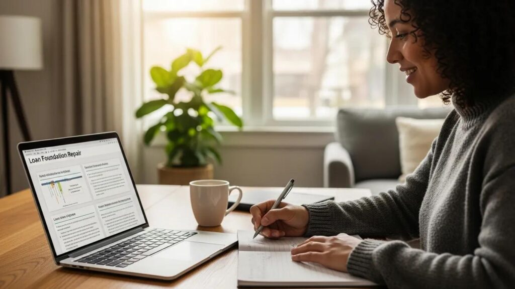 Homeowner reviewing loan options for foundation repair on a laptop