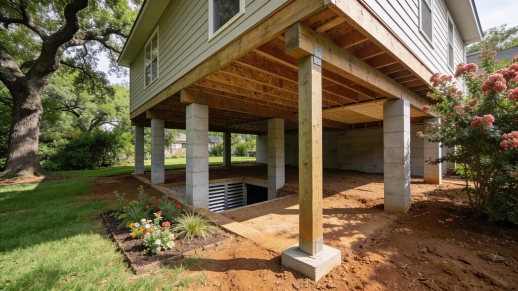 Pier and beam foundation showcasing elevated beams and piers in a residential area to illustrate stability