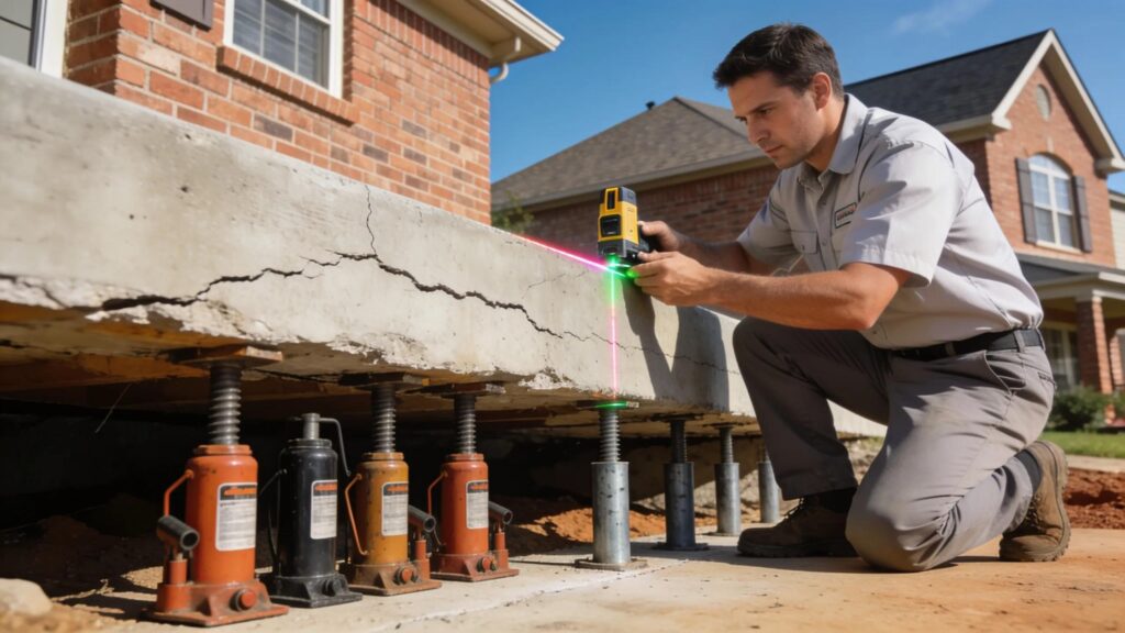 Foundation repair technician evaluating a residential foundation in Houston