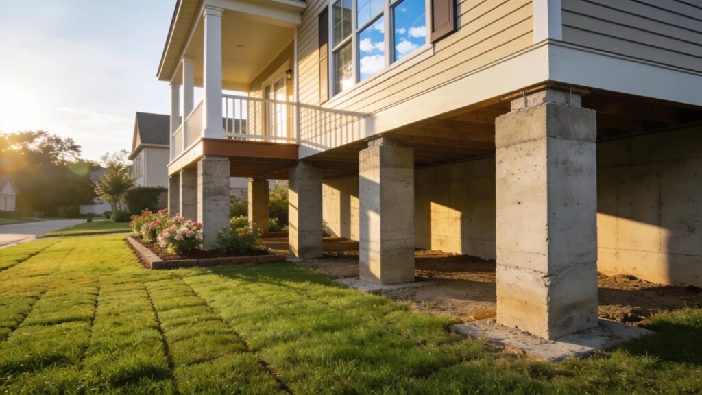 Houston home foundation repair with visible structural piers and well-kept landscape