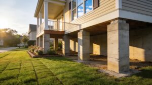 Houston home foundation repair with visible structural piers and well-kept landscape