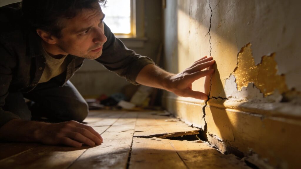 Homeowner examining cracks and uneven floors to identify signs of foundation damage