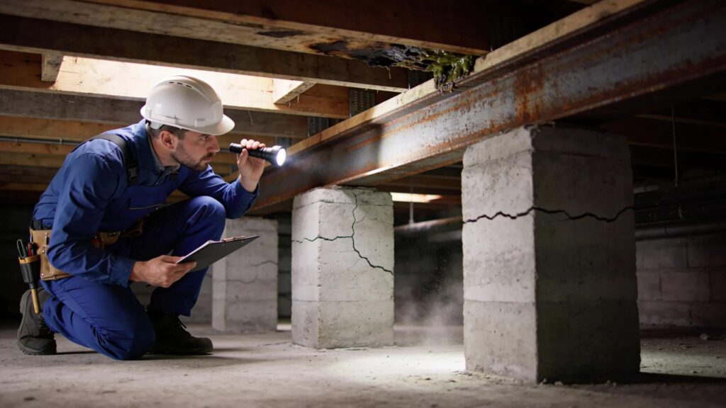 Foundation inspector assessing piers and beams in a crawl space for structural integrity
