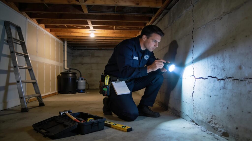 Home inspector examining foundation issues during a free inspection process