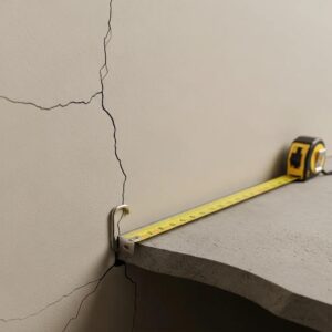 Close-up of wall cracks and uneven flooring indicating foundation settlement signs