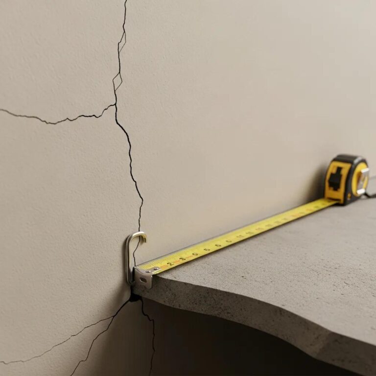 Close-up of wall cracks and uneven flooring indicating foundation settlement signs