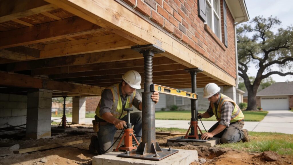 Installation of piers for foundation stabilization in a Houston home