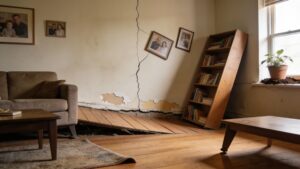 Interior view of a home showing uneven floors and cracks in walls, indicating foundation settlement issues